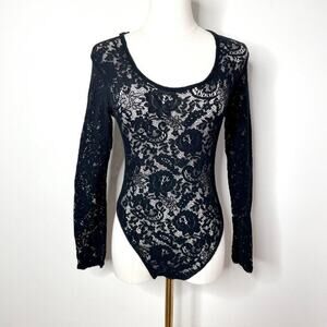 Vintage Sheer Black Lace Bodysuit Small 90s Coquette Fairy Dark Cottage Y2k Goth